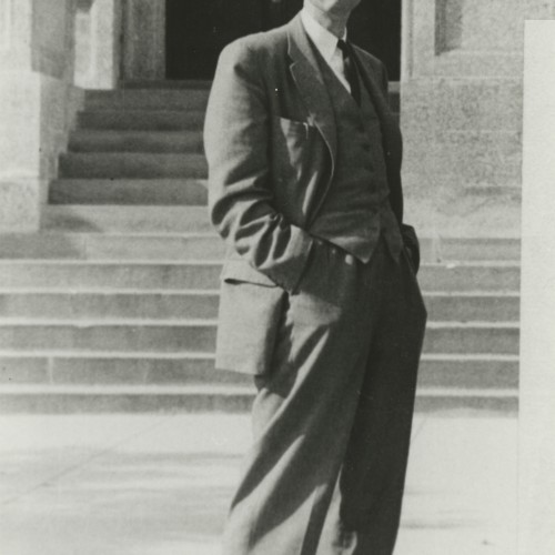 Dr. J. Doupe in front of Administration Building, Fort Garry Campus